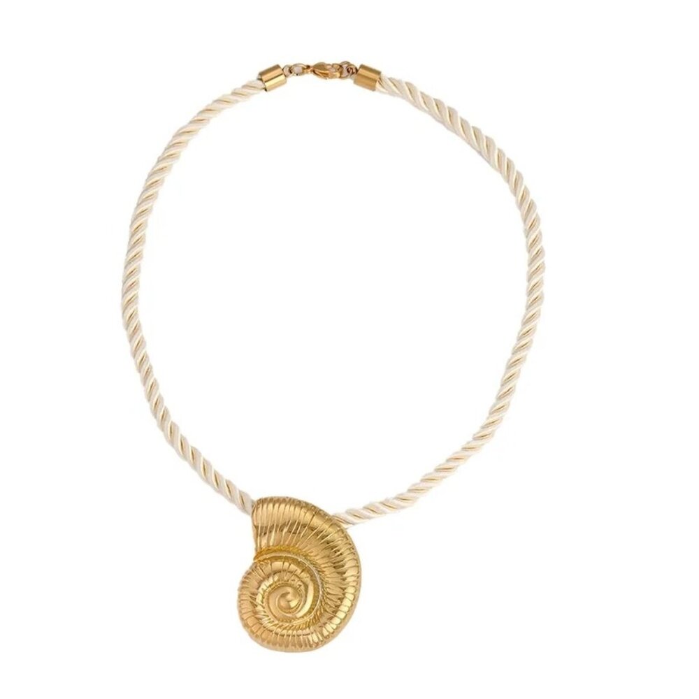 18K Gold Plated Sea Shell Pendant Necklace Off White Silk Cord Beach Vacay New